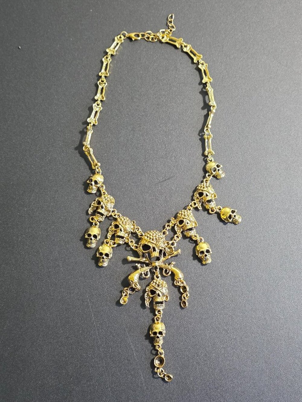 Gold Tone Pirate Skull Statement Necklace Bones Chain - Picture 9 of 9